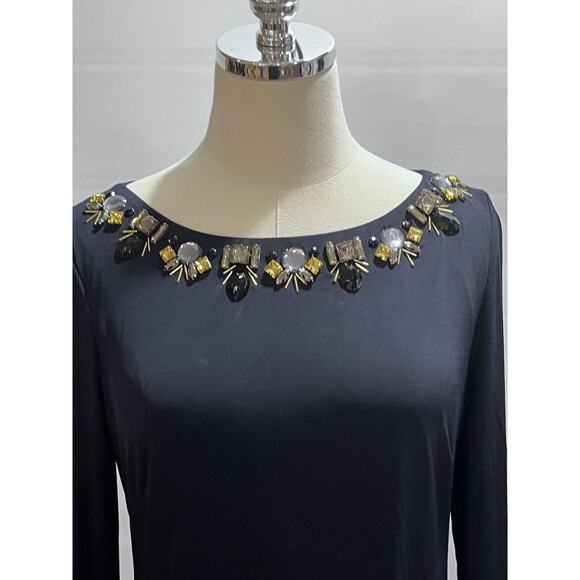 Vince Camuto Navy Long Sleeve Rhinestone Collared Sheath Lined Dress Sz 10 - Picture 4 of 10
